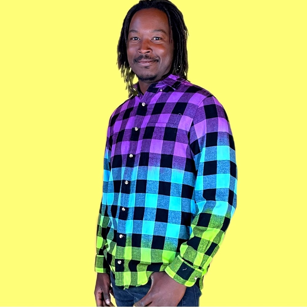 Oversized Flannel Shirt Dip Dye Purple Neon Green Blue Ombre Gradient Tie Dye